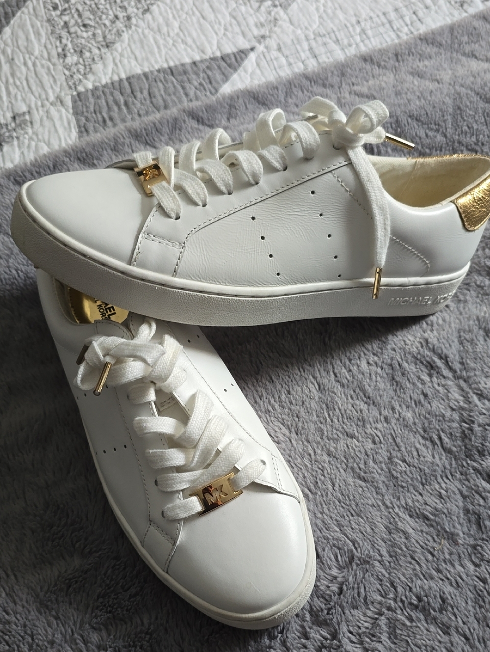 Michael Kors White and Gold Womens Leather Sneakers
